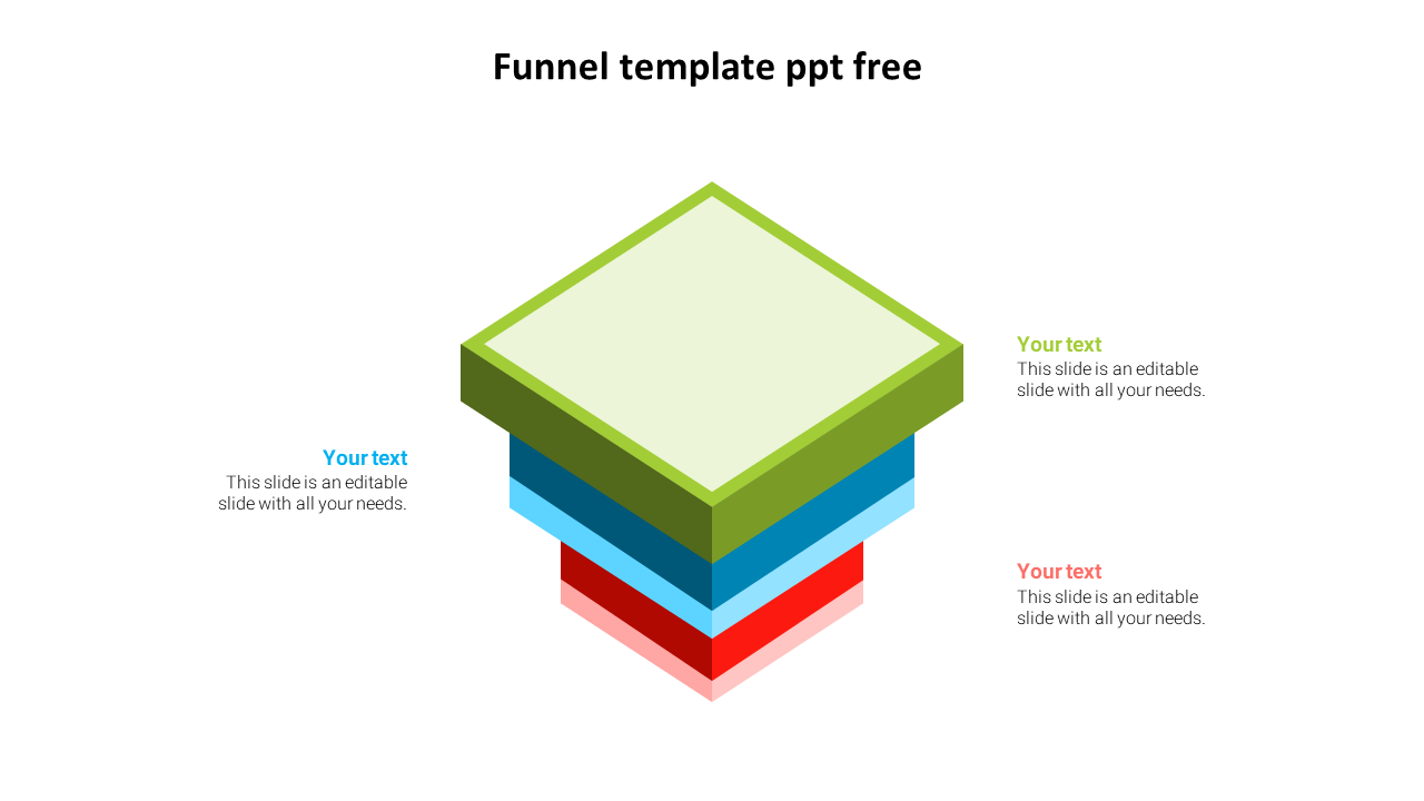 3D layered funnel diagram with stacked blocks in green, blue, and red, paired with text placeholders on both side.