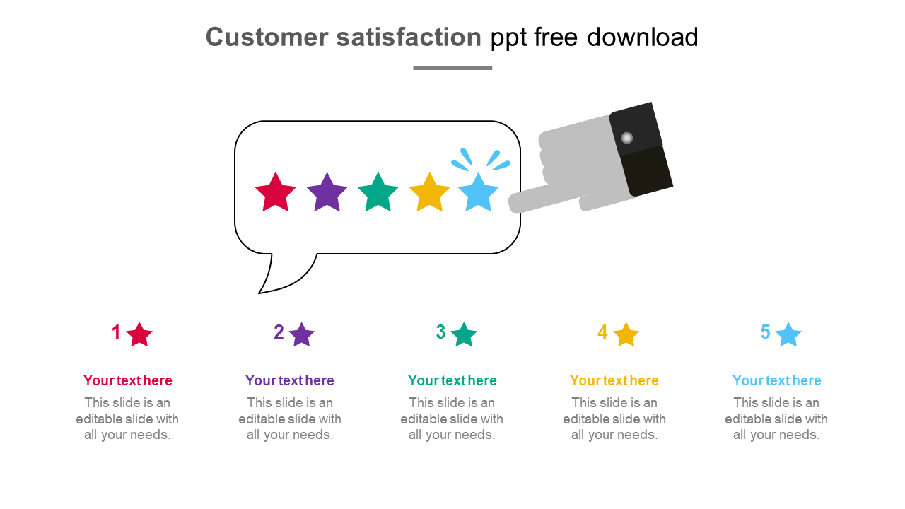 Customer satisfaction slide featuring a hand pointing at colorful star ratings in a speech bubble with placeholder text.