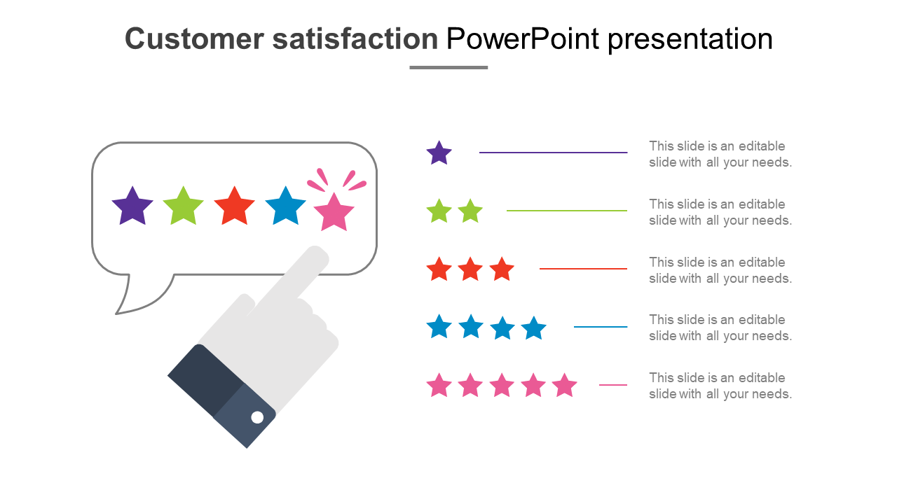 Colorful star ratings inside a speech bubble, with text placeholders and matching horizontal color bars on the right.