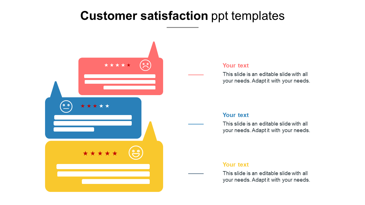 Customer satisfaction review bubbles in red, blue, and yellow, showing varying levels of star ratings and smiley faces.