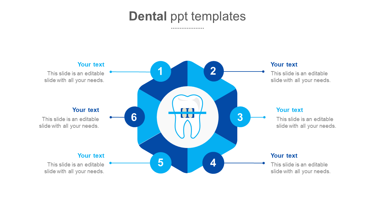 Dental slide with a tooth icon in the center surrounded by six numbered blue shapes, each connected to text.