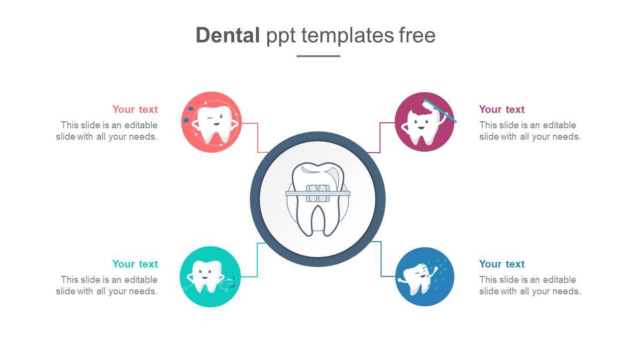 Dental slide featuring a central tooth illustration with braces and four surrounding color coded icons with placeholder text.