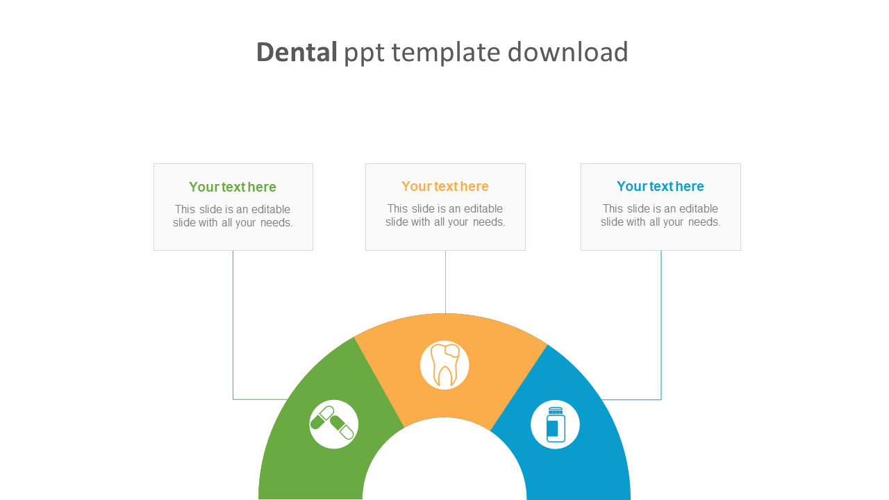 A dental slide featuring a circular diagram with three sections, each represented by an icon and space for text.