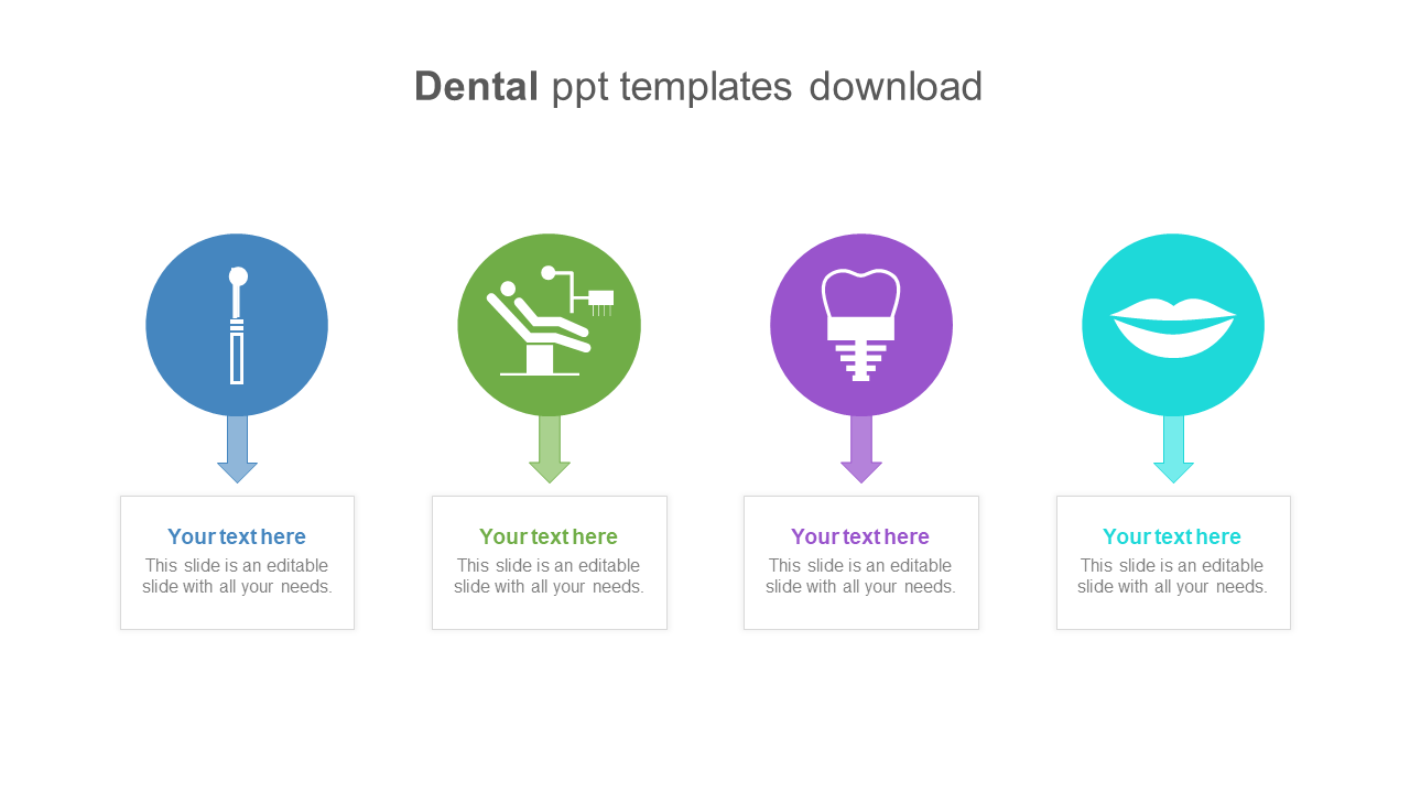 A dental slide featuring four icons representing dental tools, procedures, and a smiling mouth, each with a placeholder text.