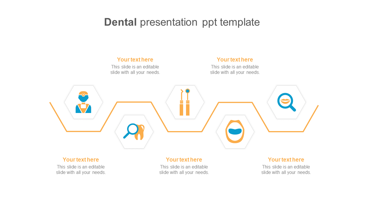 Slide with five hexagonal icons depicting dental tools and care, connected by a yellow zigzag line on a white background.