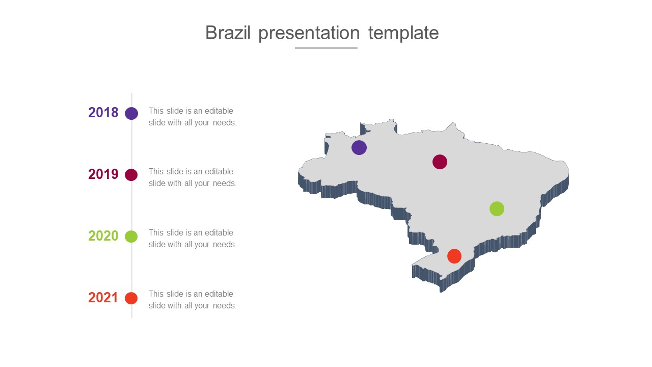 Brazil map infographic with timeline dots in various colour marking events from 2018 to 2021 in various locations 