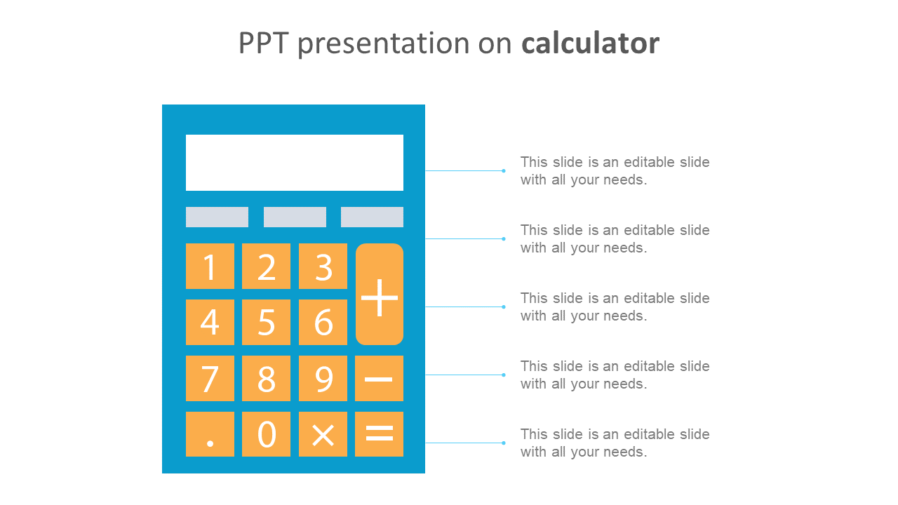 Calculator illustration with blue and orange keys, with multiple labeled text areas to the right.