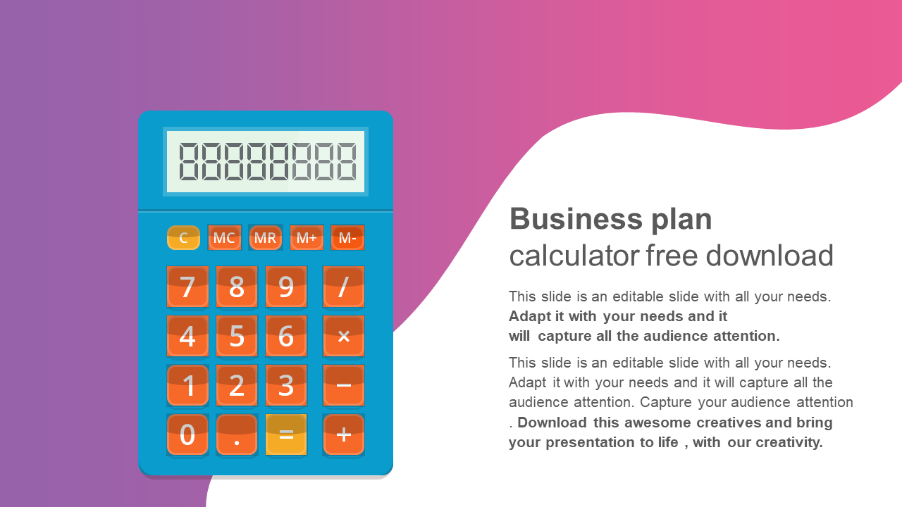 Business slide with a blue and orange calculator on the left and a text section, on a pink and white wave backdrop.