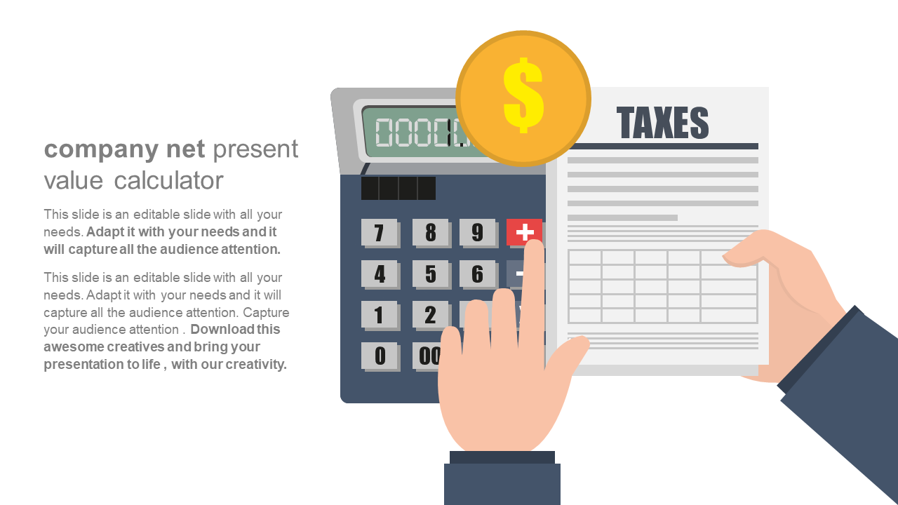 Image showing a person calculating taxes and net values with a large yellow dollar sign symbolizing financial calculations.