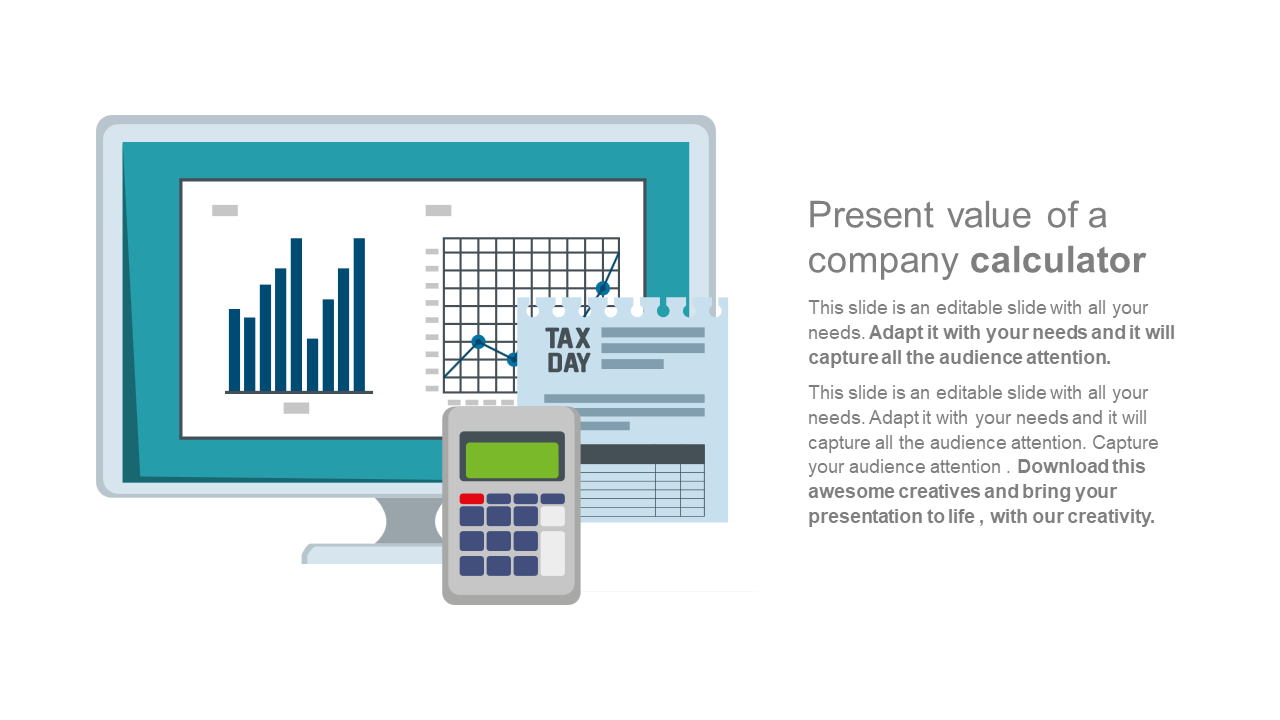 Slide with a calculator, tax day calendar, and data graph, illustrating the present value of a company.