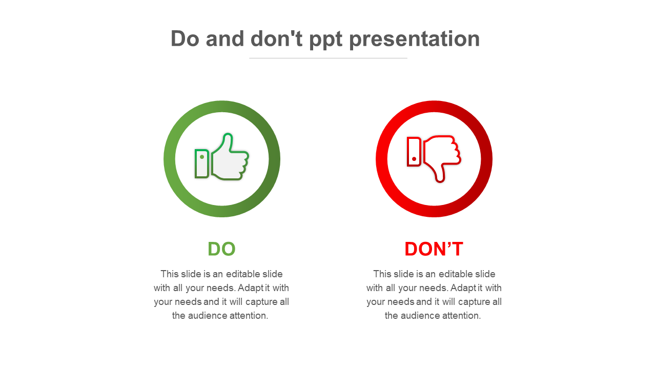 Presentation slide showing green thumbs up for Do and red thumbs down for Don't with text sections.