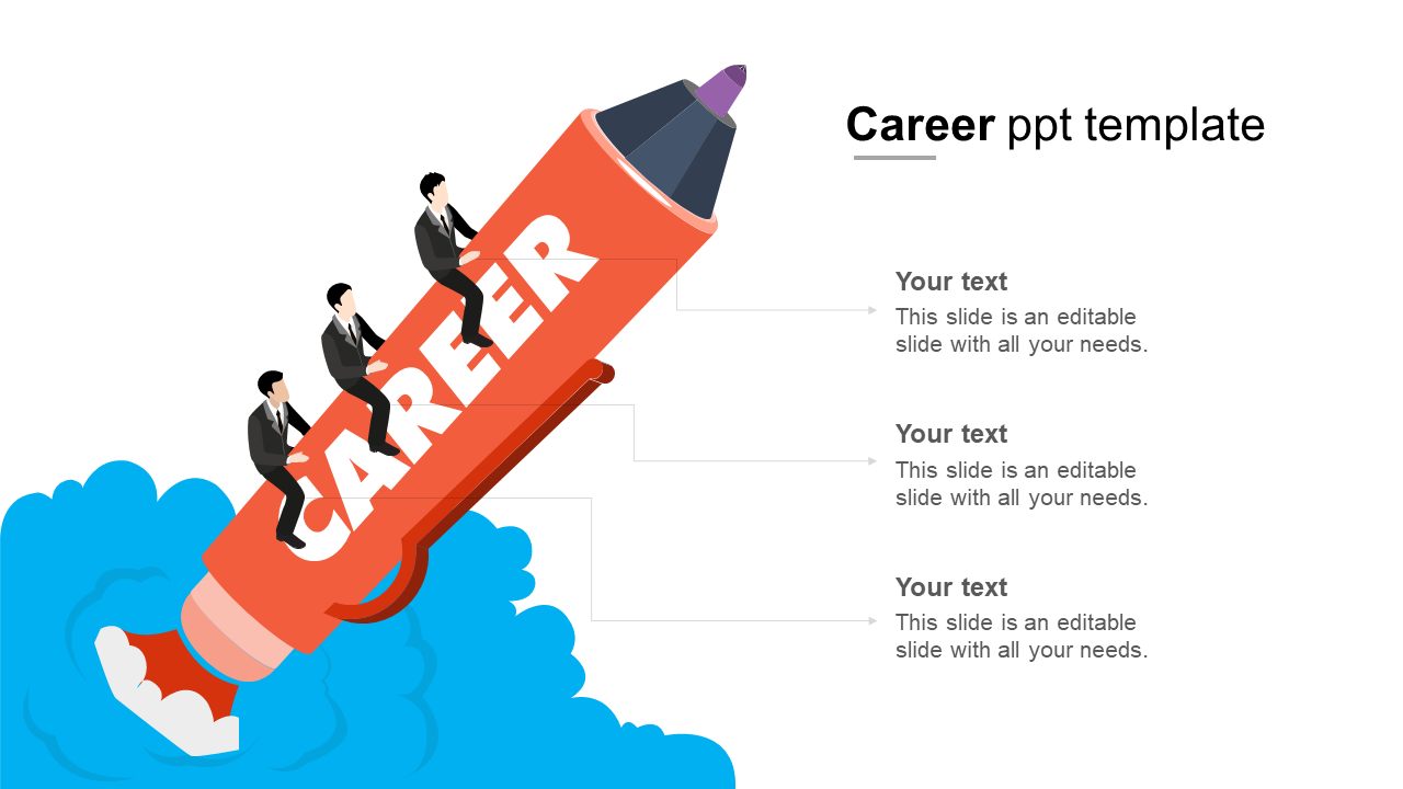 Career themed illustration featuring a red rocket pen with three businesspeople climbing, paired with text placeholders.