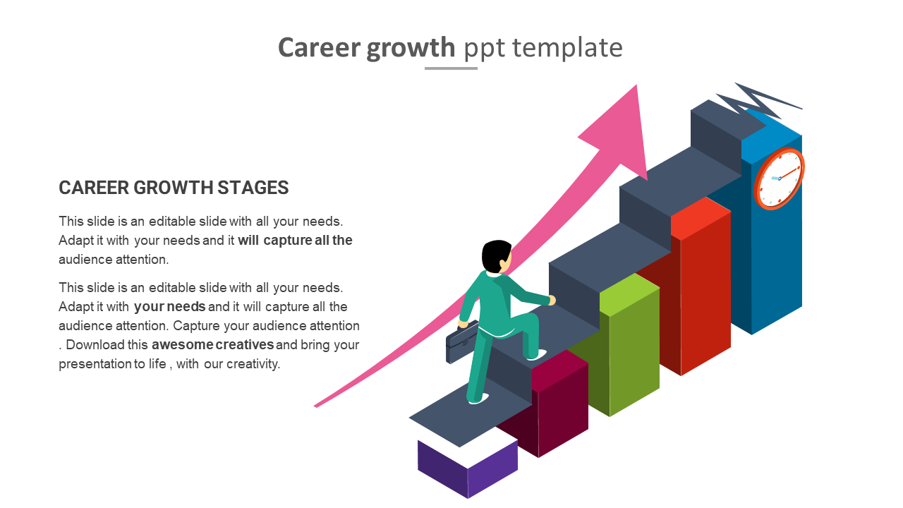 A person climbing colorful blocks arranged like stairs with a pink upward arrow, symbolizing career growth.