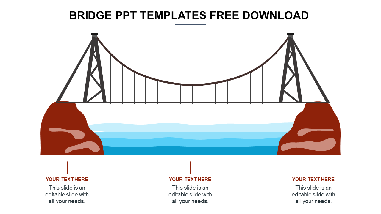 Slide featuring a simple illustration of a suspension bridge over water, with three text placeholders beneath.