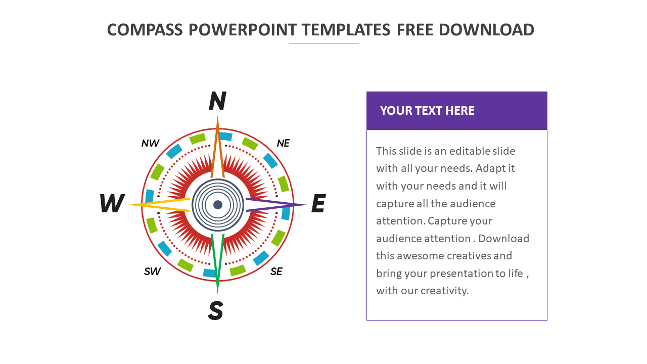 Compass PowerPoint slide with a colorful compass design on the left and a text box on the right.