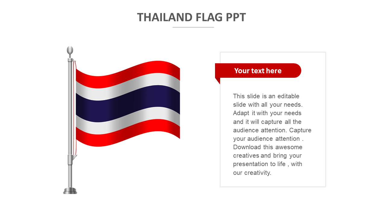 Thailand flag illustration on the left with a customizable text box on the right, titled your text here in a red bar.