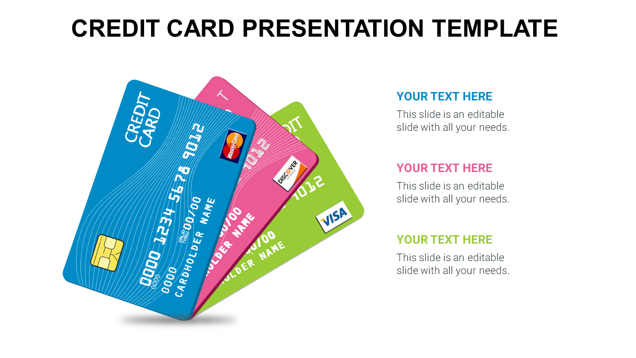 Three overlapping credit cards in blue, pink, and green with placeholders for text descriptions on the right.