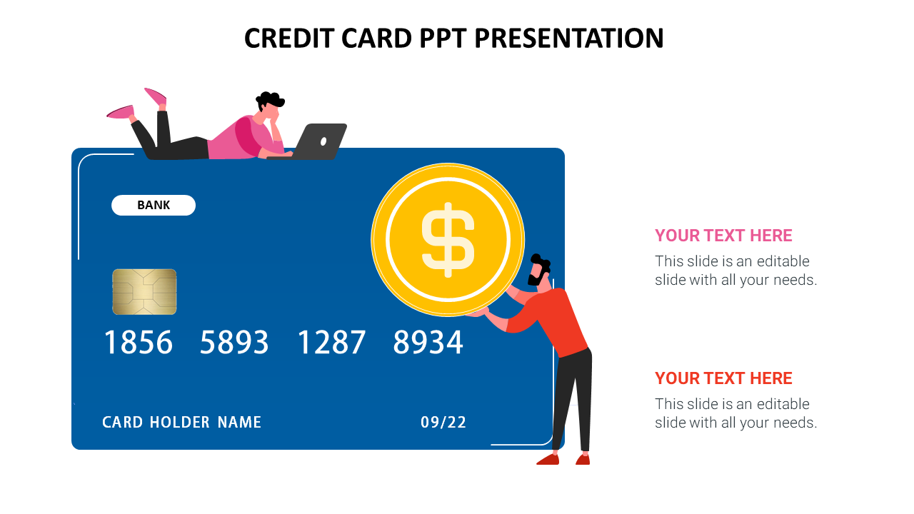 Illustration of a large blue credit card with a dollar symbol, with two characters interacting with the card and text area.