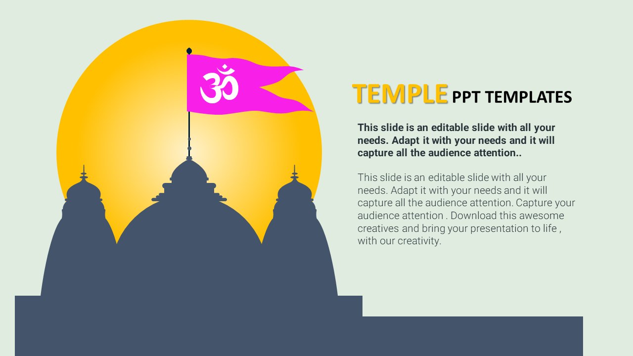 Template with a silhouette of a temple and a rising sun, featuring an Om symbol on a pink flag and a placeholder text area.