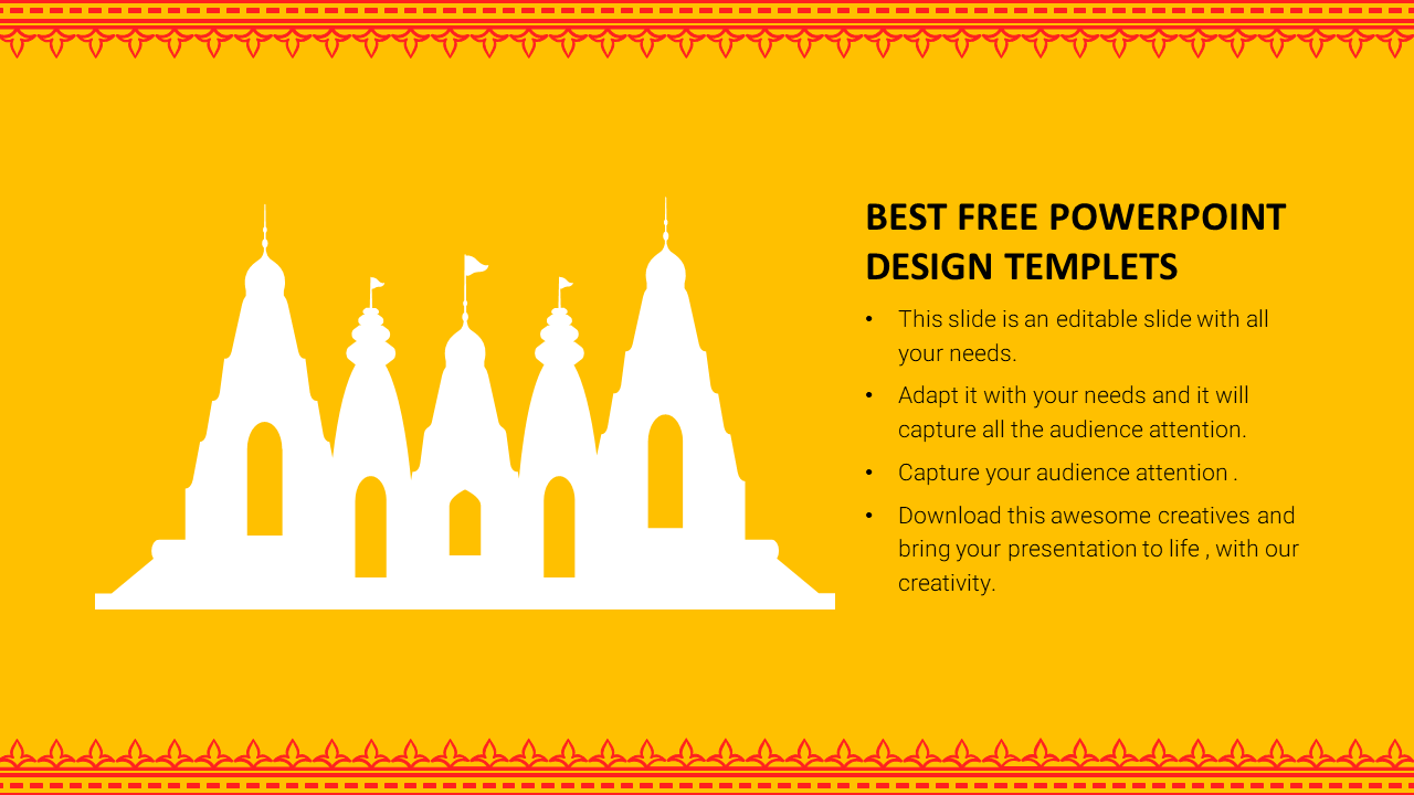 White temple silhouette on a yellow background with decorative red borders, and text on the right.