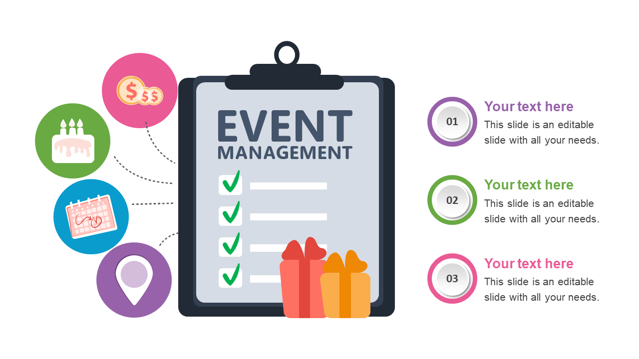 Event planning template featuring a checklist on a clipboard, paired with four icons, and three numbered steps on the right.