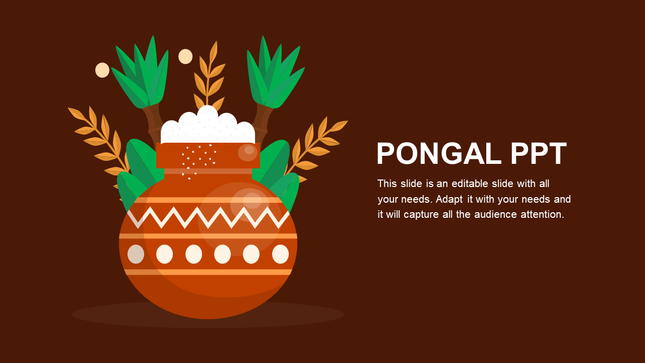 Pongal celebration pot with overflowing rice and sugarcane decorations on a brown background with a caption areas.