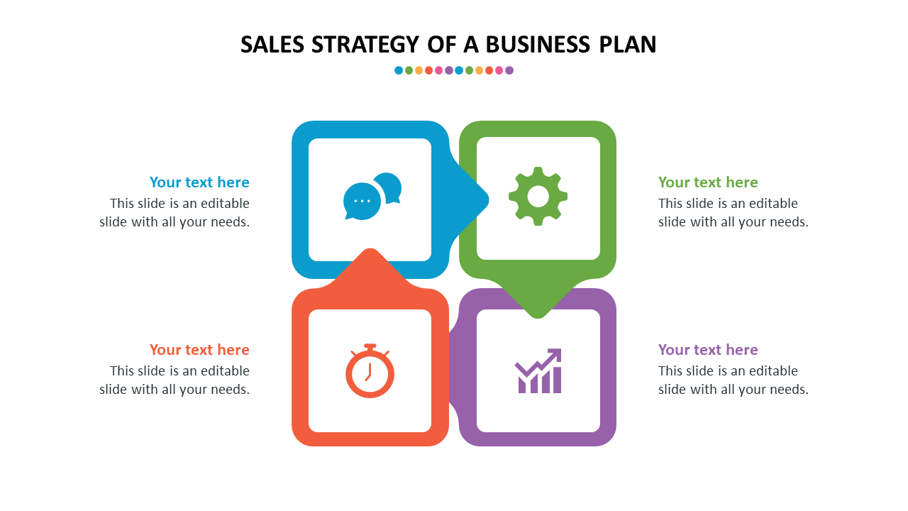 Sales strategy slide with four colorful boxes for text and corresponding icons on a white backdrop.