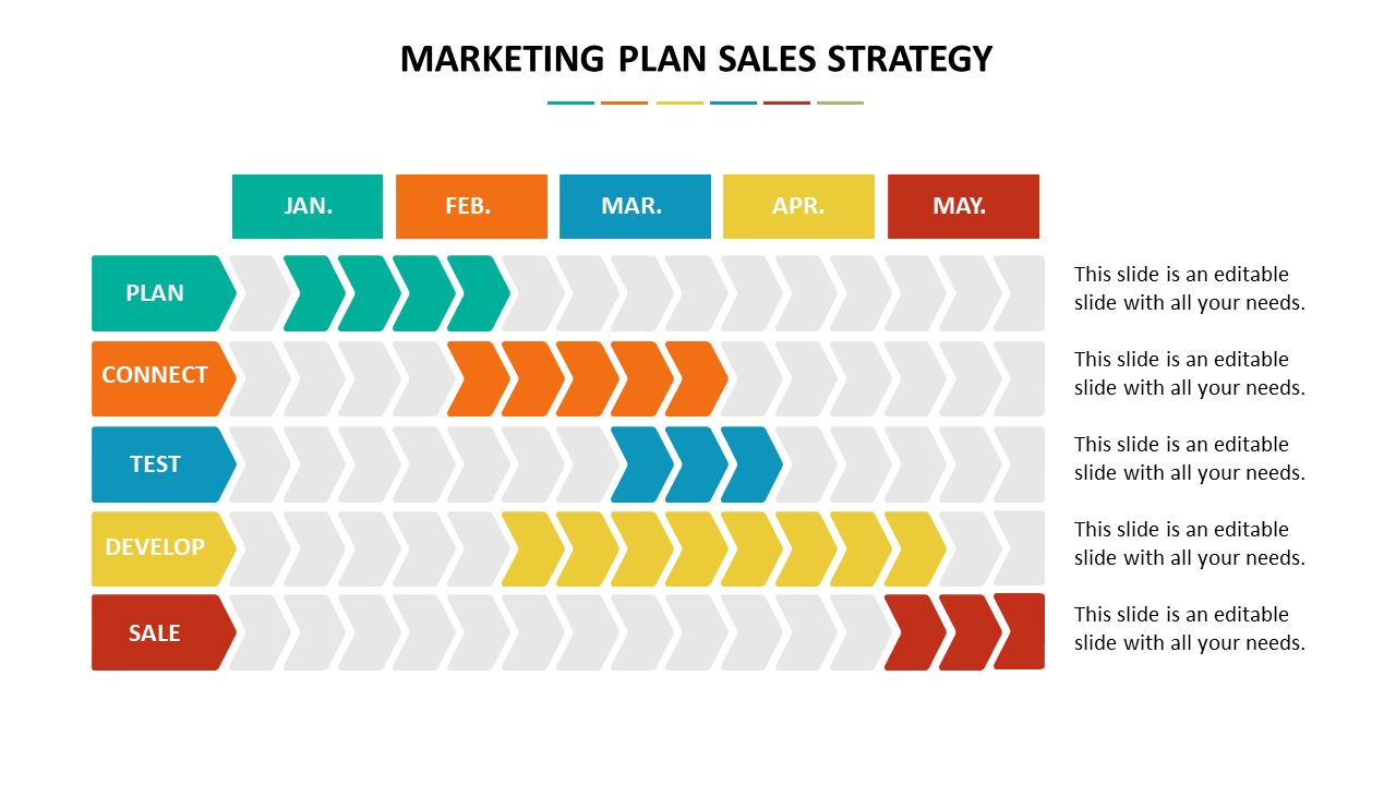 Marketing plan with colored arrows for each phase shown across months from January to May placed in a white background.