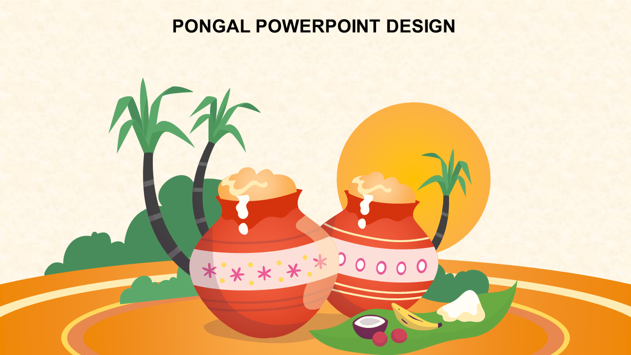 Colorful Pongal design with decorated clay pots overflowing, sugarcane plants, and a rising sun backdrop.