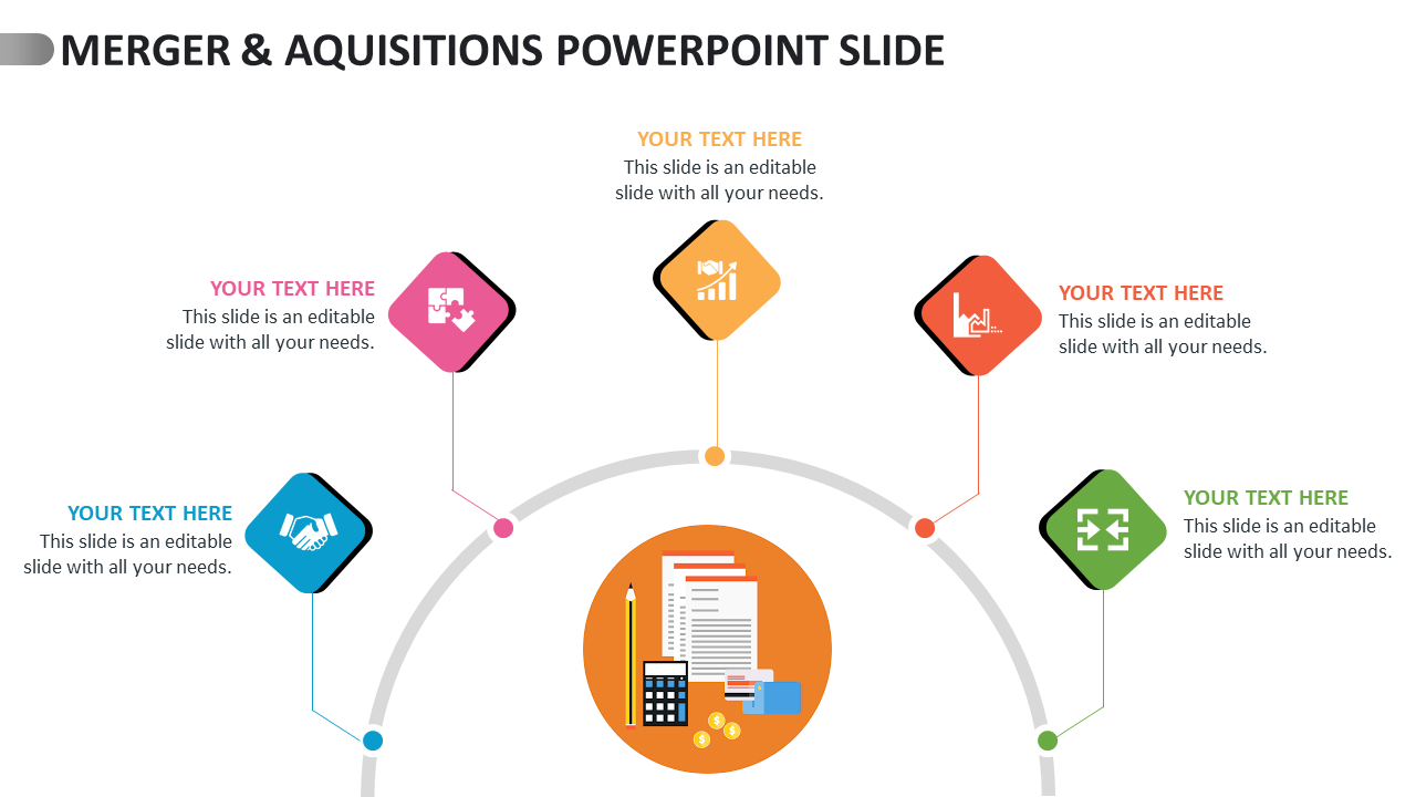 Merger and acquisitions slide featuring five icons related to business strategies with an image of paperwork and a pencil.