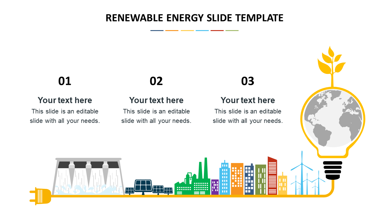 A yellow wire connects a hydropower plant, cityscape, and lightbulb with a globe and leaf on top with three numbered text.