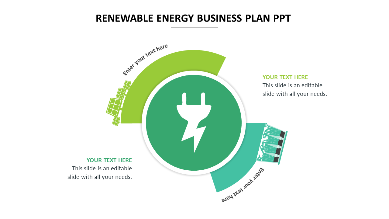 Circular design on a green energy plug symbol surrounded by sections for solar panels and wind turbines with caption areas.