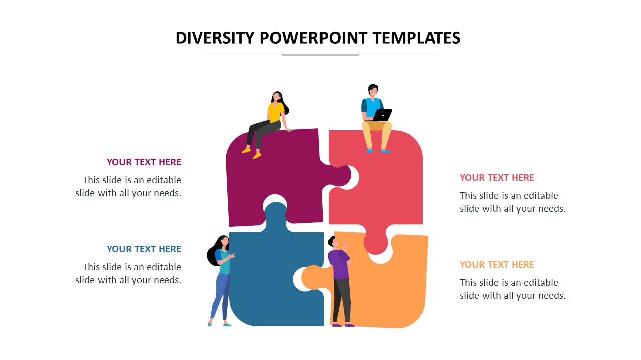 Diversity themed slide with four individuals interacting with puzzle pieces in red, purple, blue, and orange, with text.