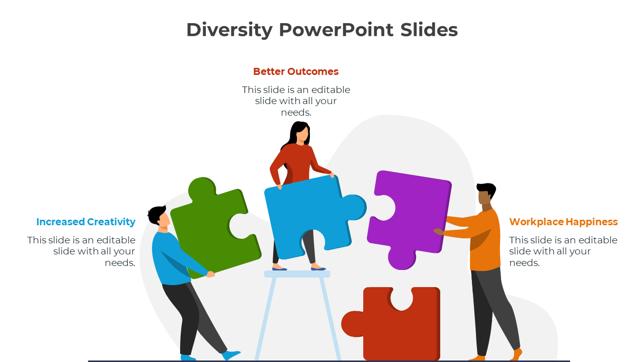 Illustration of individuals holding green, blue, purple, and red puzzle pieces with captions, symbolizing diversity outcomes.