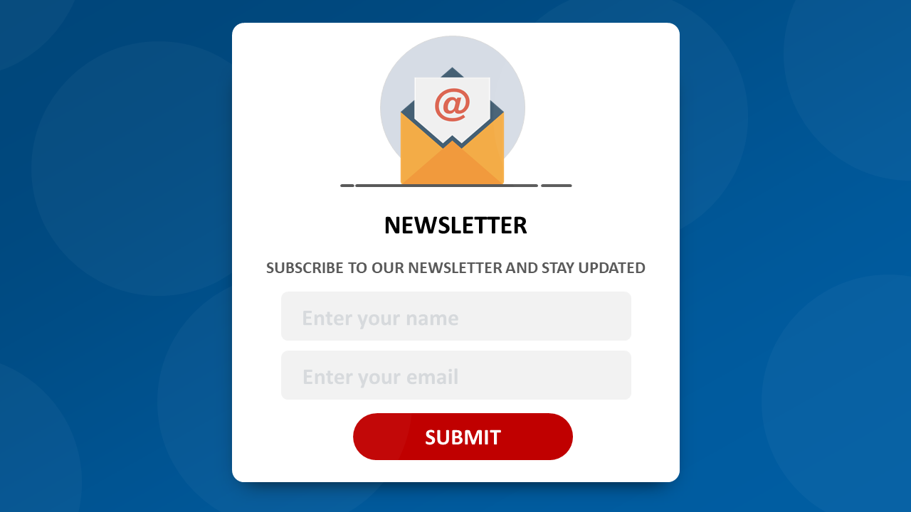 White sign-up form for a newsletter with an envelope icon, two input fields, and a red submit button on a blue background.