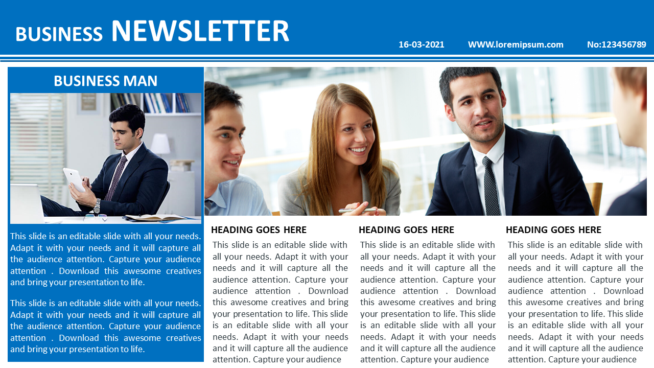 Business newsletter slide with a header section, business man photo, and placeholders for multiple article headings.