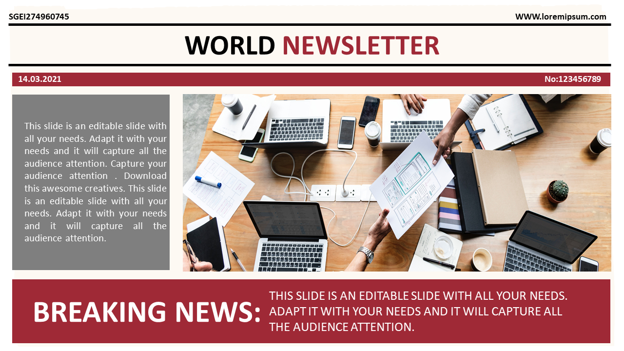 Newsletter template with a headline, an image of a workspace with laptops and papers, and a breaking news section.