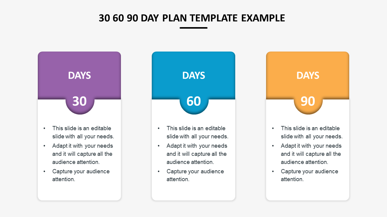 Colorful three column slide showing a 30, 60, 90 day plan with text sections for each phase.