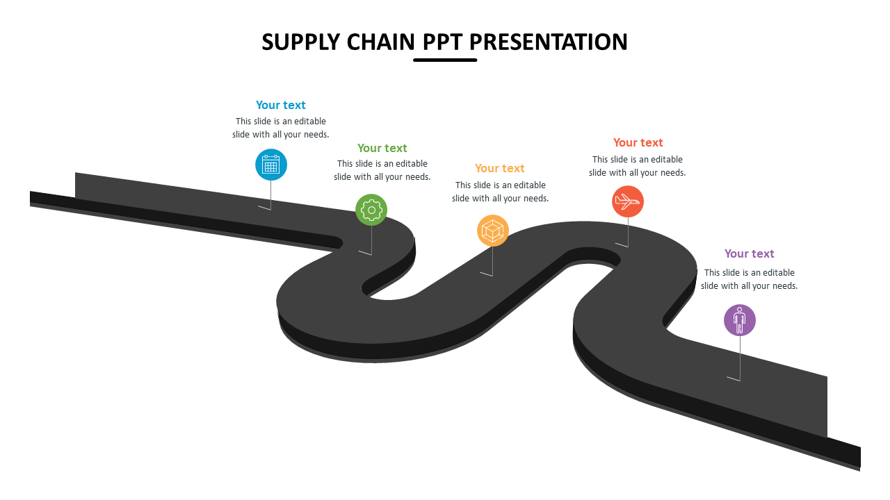 Curved pathway with five colorful icons representing stages in the supply chain placed in a white background.