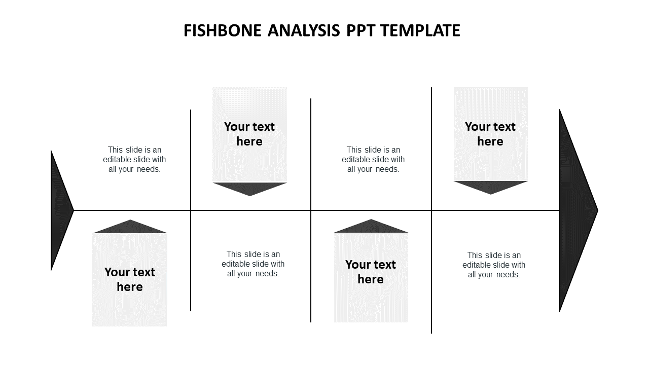 Monochrome fishbone diagram with a bold central arrow, eight rectangular text boxes, and lines branching from the center.