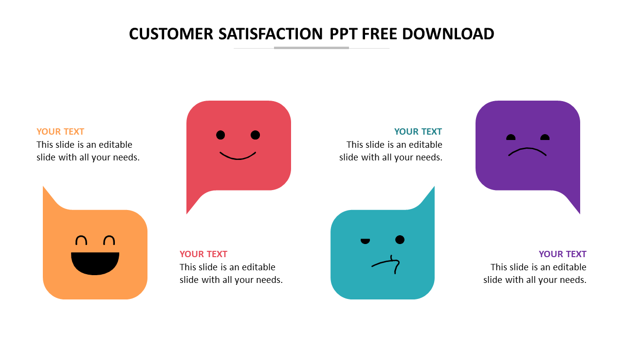 Five colorful speech bubbles with expressions, each with  placeholder text, representing emotions of customer satisfaction.