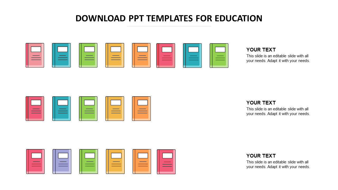 Illustration of multiple book icons in various colors, arranged in three rows with text placeholders on the right.