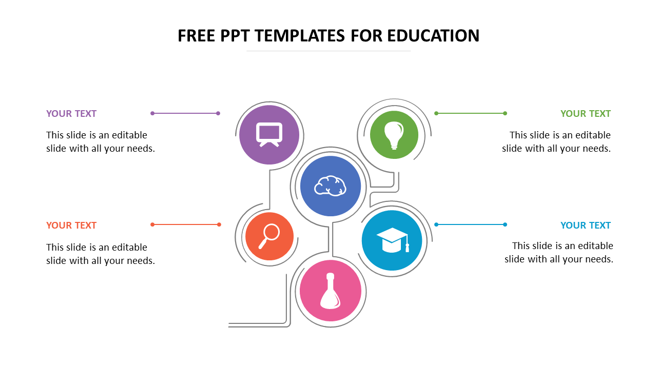 PowerPoint template for education with icons representing learning tools with placeholder text on a white backdrop.