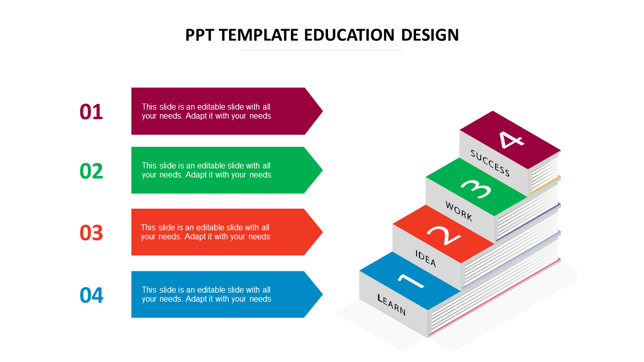 Education themed PowerPoint template with color coded arrows and stacked books illustrating educational progression.