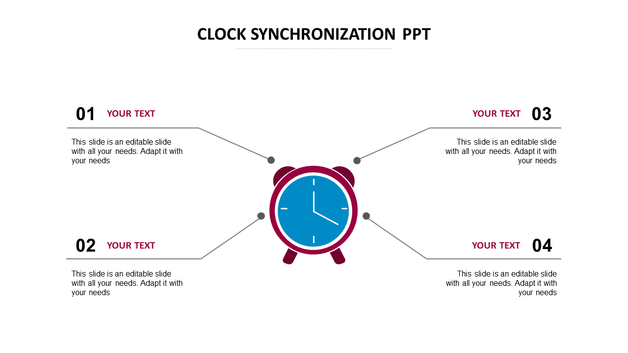 Alarm clock illustration in blue and maroon at the center linked to four numbered directional text boxes.