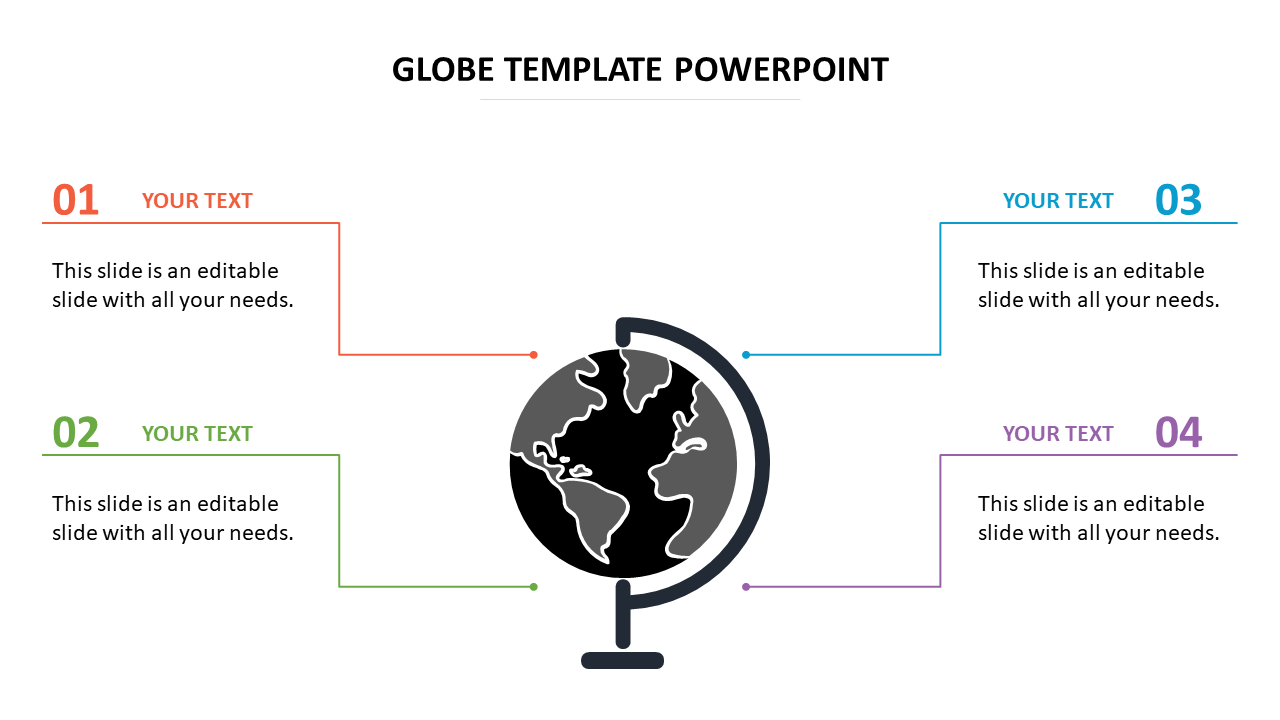 Black and white globe in the center with four numbered text boxes in red, green, blue, and purple connected by thin lines.