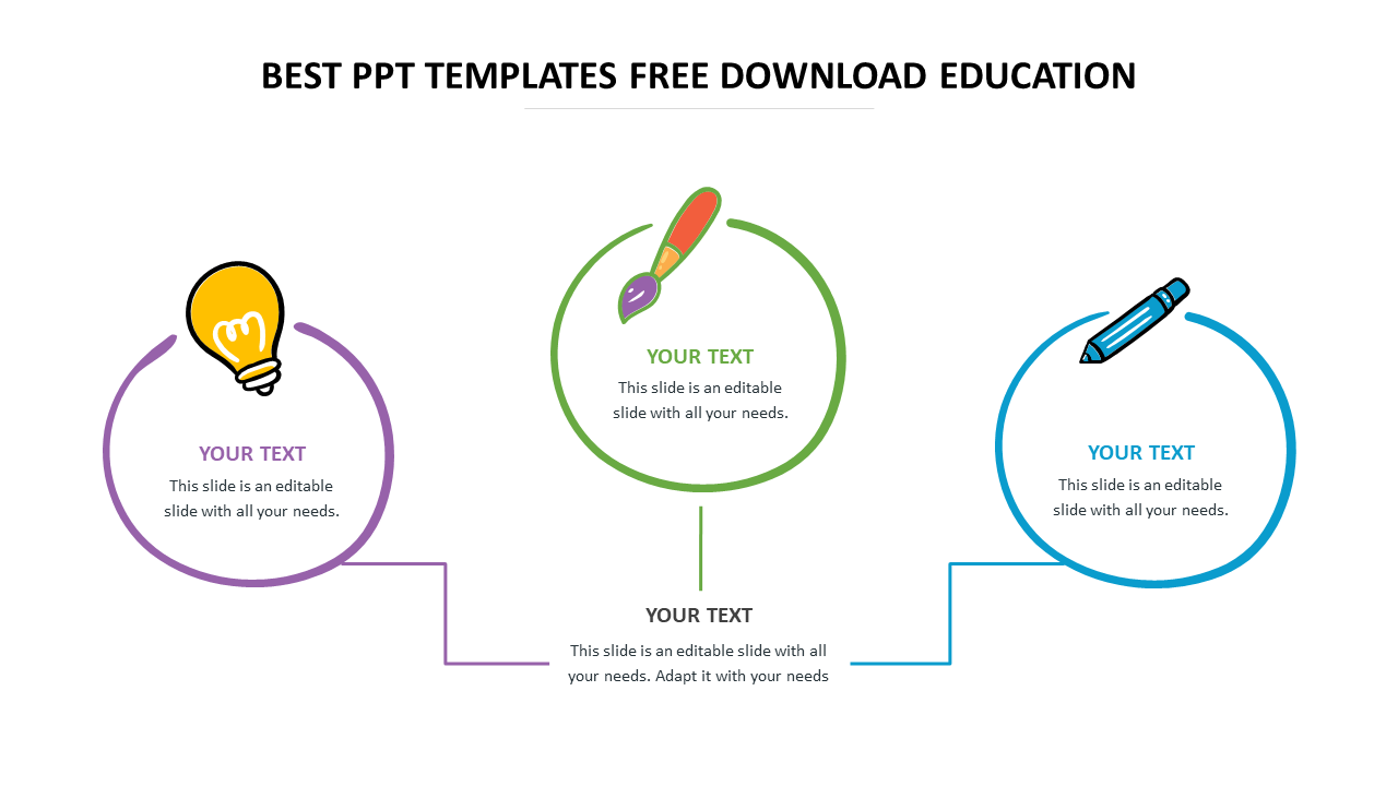 Educational PowerPoint template with icons of a light bulb, paintbrush, and pencil in a circular layout.