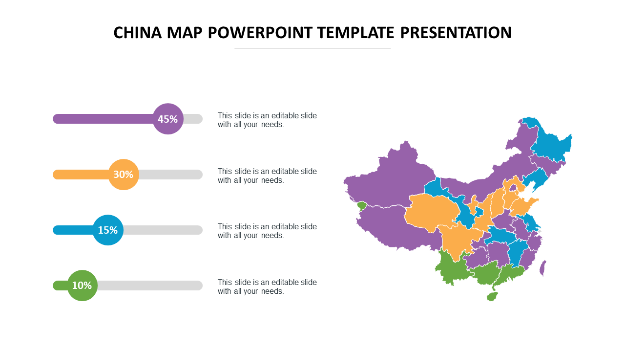 China map slide with regions color coded and percentage sliders showing data points with placeholder text.