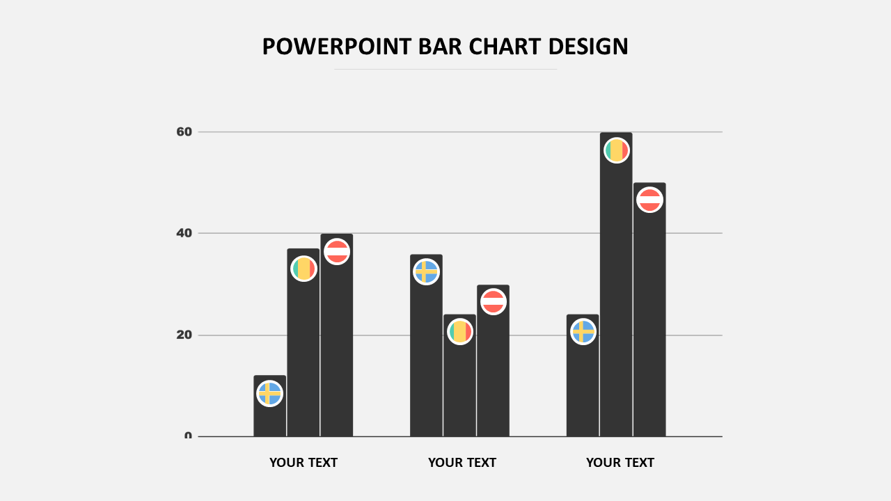 PowerPoint bar chart design slide featuring various colored flags and labeled categories at the bottom.