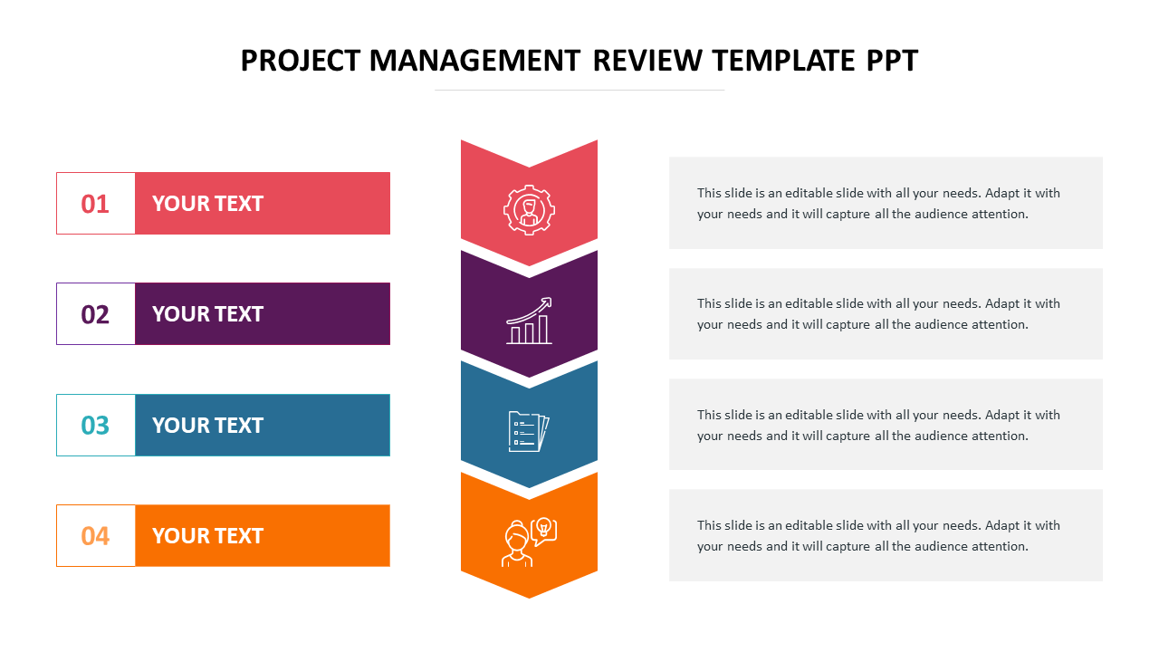 Colorful project management slide featuring four key areas each section containing icons for visuals with placeholder text.